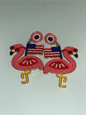 Pink Beaded Flamingo Flag Statement Earrings